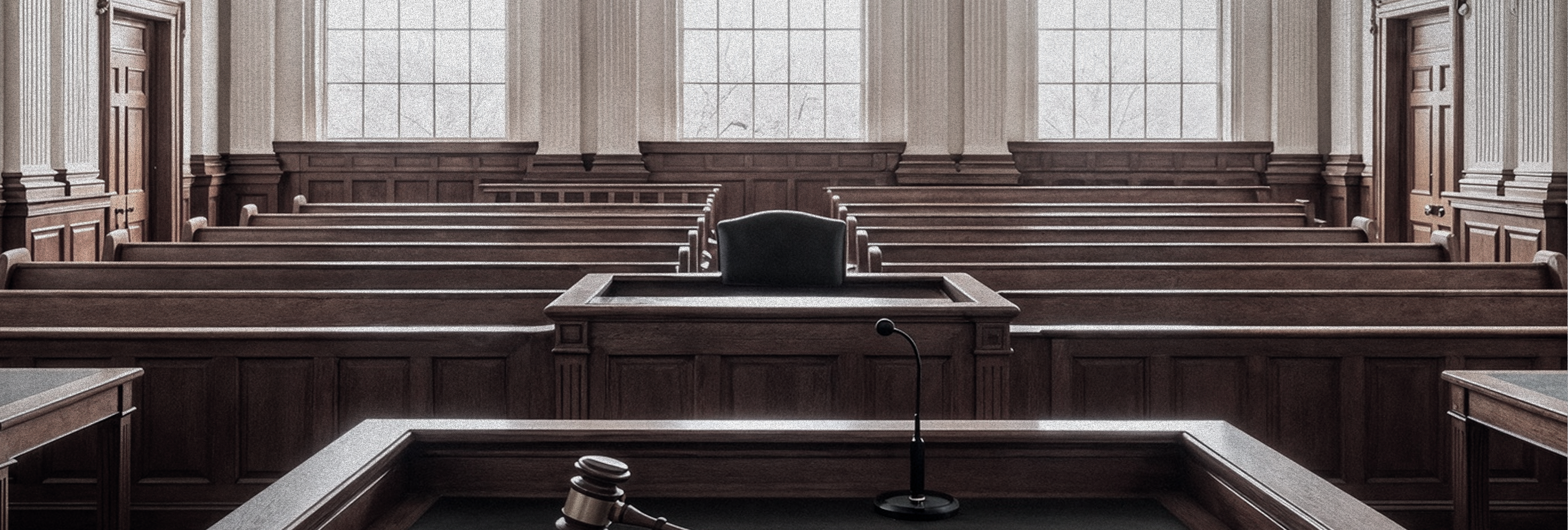 Empty family courtroom with wooden benches and judge's bench