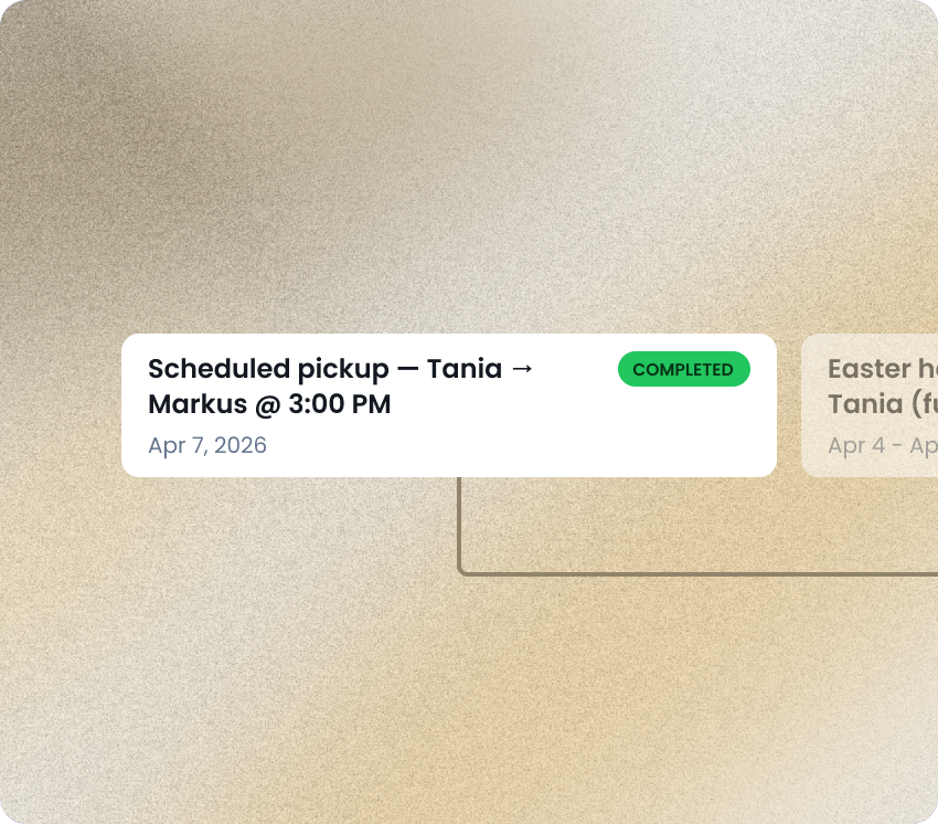 Custody calendar view with schedule tracking and deviation alerts