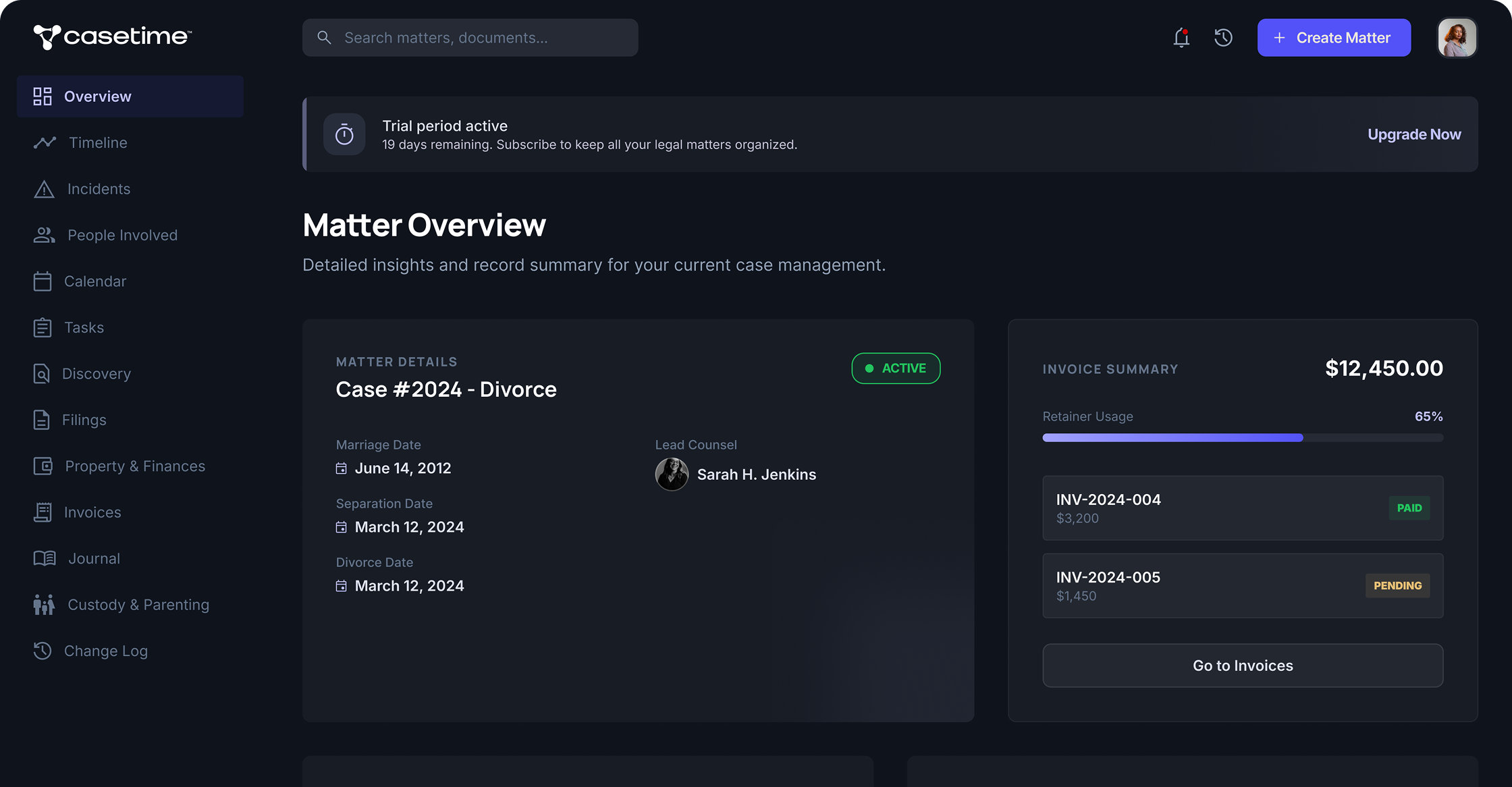 CaseTime dashboard showing Matter Overview with case details, timeline, and invoice summary