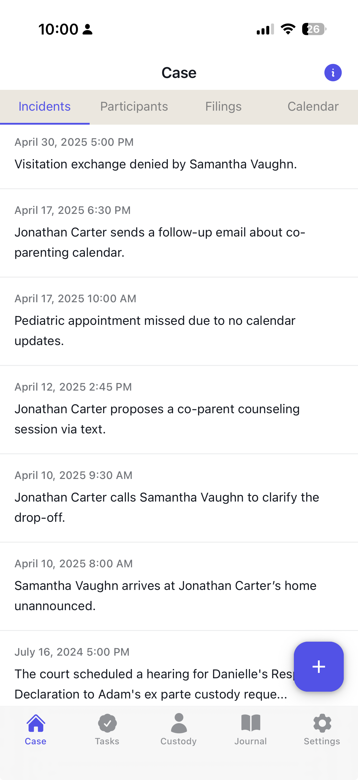 CaseTime mobile app showing incident documentation with timestamps and case details