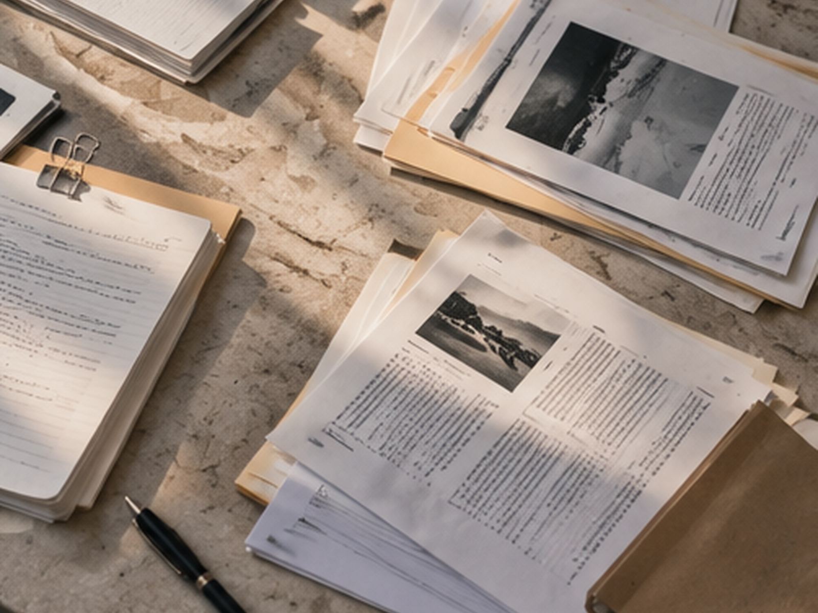 A kitchen table covered in court filings, letters, and printed text messages, late in the evening