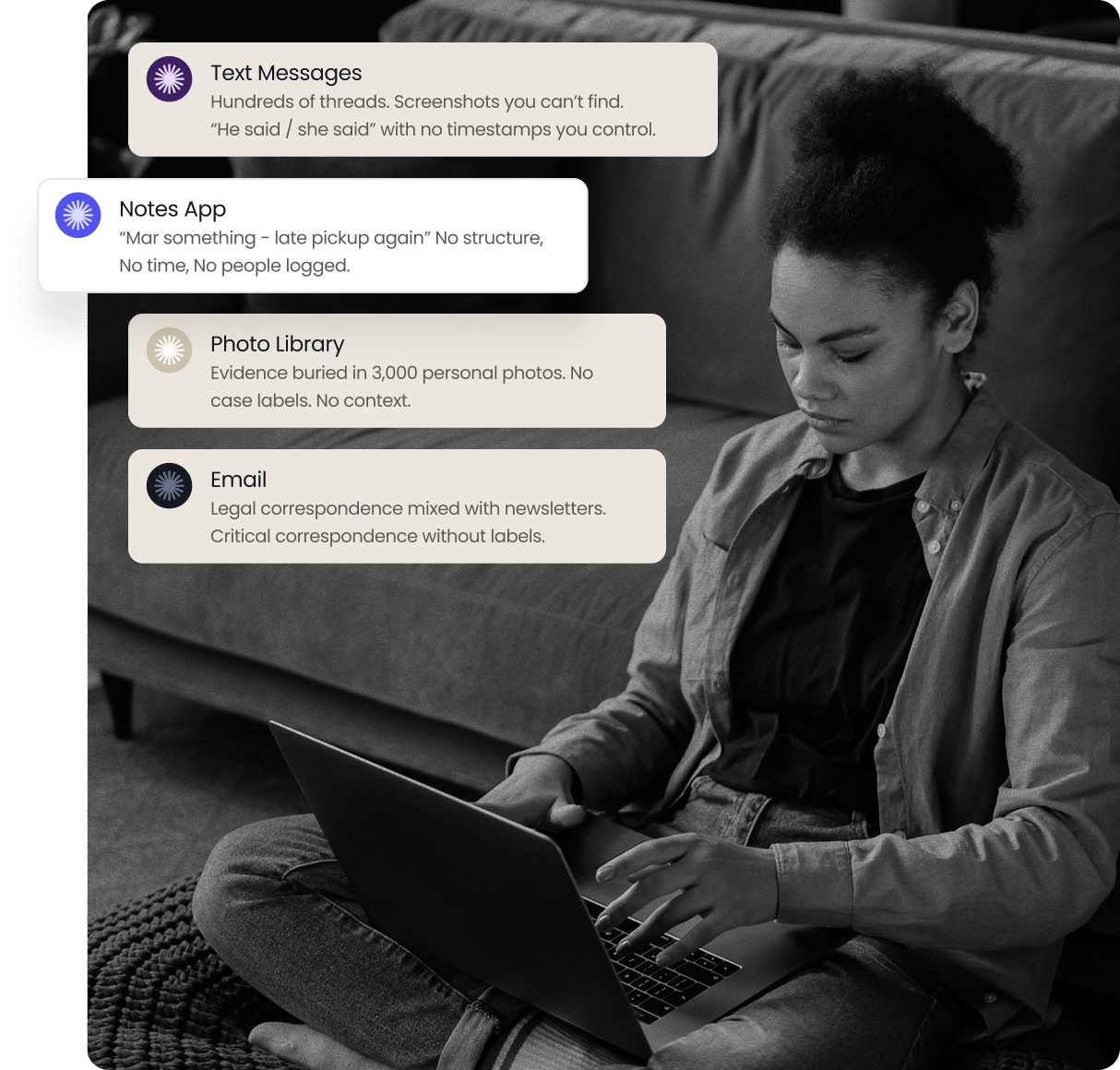 Evidence scattered across text messages, notes apps, photo library, and email